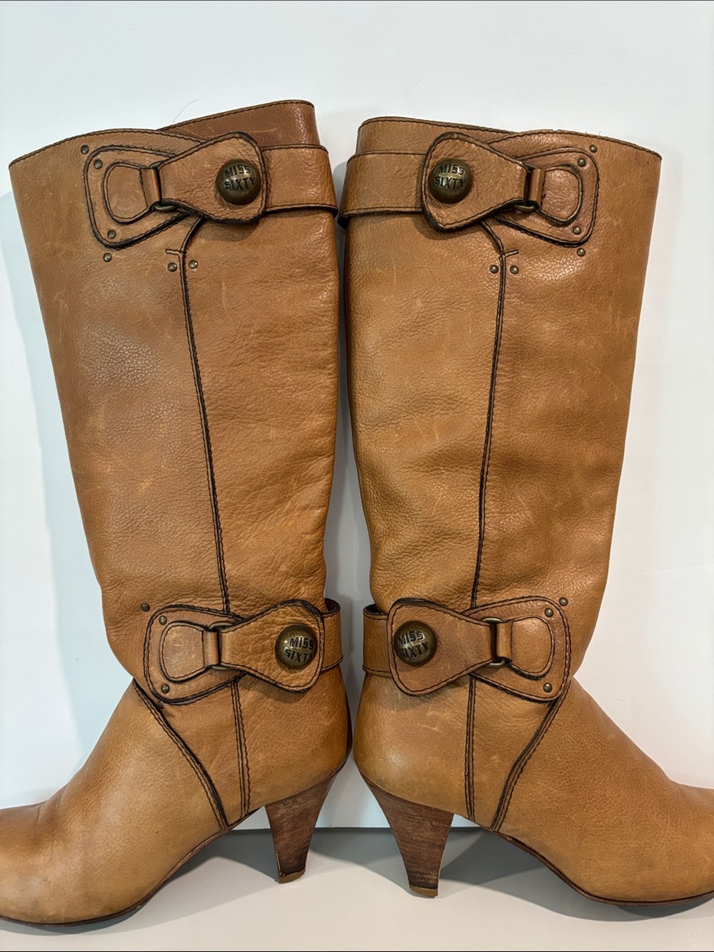 Miss Sixty Tan Leather Knee Boots Y2K Buckle Detail Stacked Heel EU 38 - Picture 4 of 15